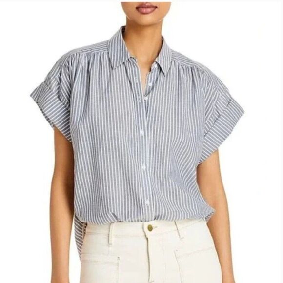 Joie Blue & White Stripe Naro Cuffed Short Sleeve Button Down Top Size Small - Picture 1 of 9